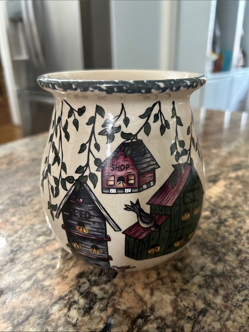 Home & Garden Party Cream Ceramic Art Vase with Green & Pink Birdhouse Motif